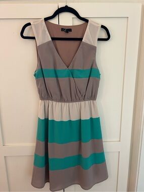 Sleeveless V-Neck Striped Summer Dress in Teal and Gray and Tan